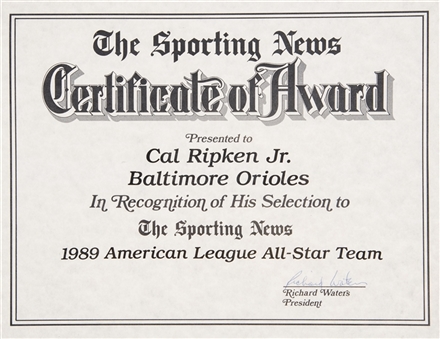 1989 Cal Ripken Jr. Certificate of Award For Being Selected to the 1989 American League All-Star Team by The Sporting News (Ripken LOA)